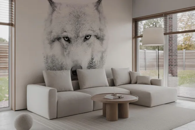 Fototapeta: Portret wilka z imitacją lasu iglastego