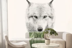 Fototapeta: Portret wilka z imitacją lasu iglastego