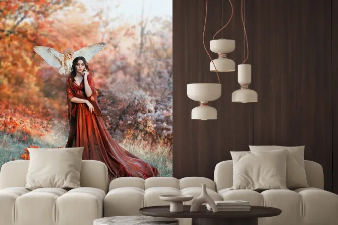 Fototapeta: Pretty young girl with black hair in cold forest, orange foliage