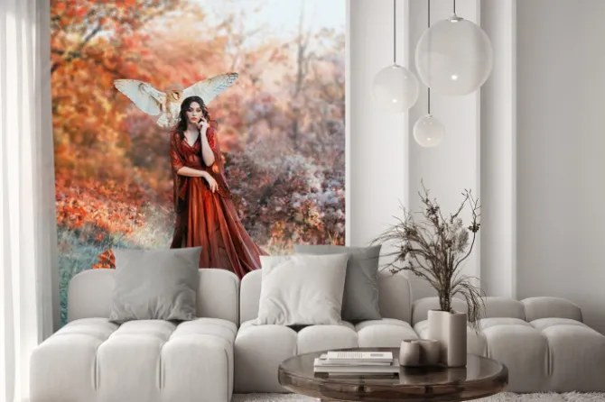 Fototapeta: Pretty young girl with black hair in cold forest, orange foliage