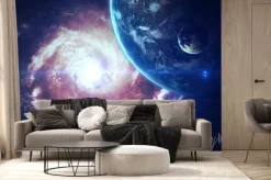 Fototapeta: Przestrzeń kosmiczna z galaktyką spiralną i planetami