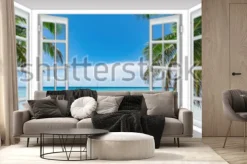 Fototapeta: Przeszklony taras z widokiem na plażę pod palmami