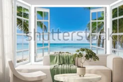 Fototapeta: Przeszklony taras z widokiem na plażę pod palmami