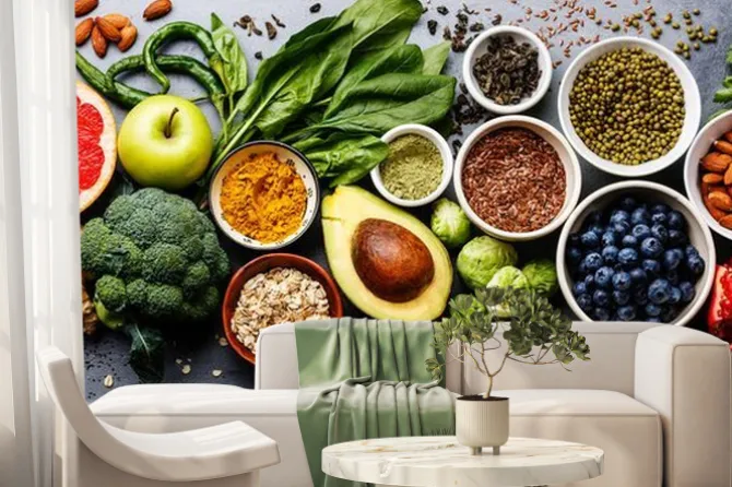 Fototapeta: Przyprawy owoce i warzywa na blacie