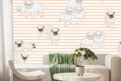 Fototapeta: Psy mopsy na tle w paski nowoczesna grafika