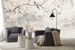 Fototapeta: Ptak na gałęzi wiśni na tle gór i jeziora