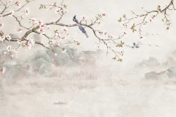 Fototapeta: Ptak na gałęzi wiśni na tle gór i jeziora