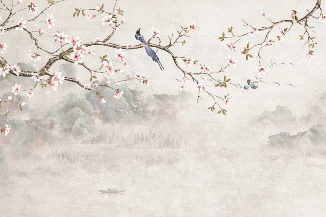 Fototapeta: Ptak na gałęzi wiśni na tle gór i jeziora