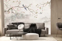 Fototapeta: Ptak na gałęzi wiśni na tle gór i jeziora