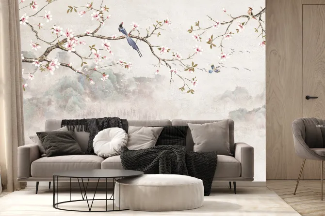 Fototapeta: Ptak na gałęzi wiśni na tle gór i jeziora