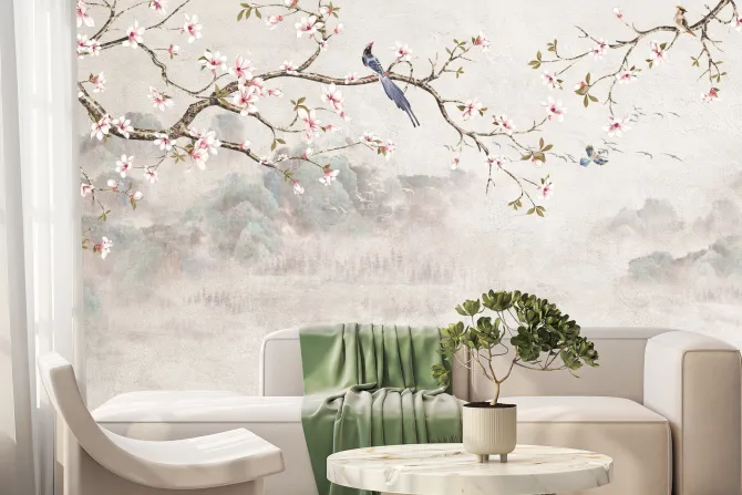 Fototapeta: Ptak na gałęzi wiśni na tle gór i jeziora