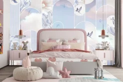 Fototapeta: Ptaki chmury i kwiaty w geometrycznych kształtach wzór w pastelach