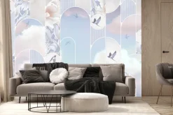 Fototapeta: Ptaki chmury i kwiaty w geometrycznych kształtach wzór w pastelach