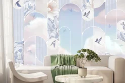 Fototapeta: Ptaki chmury i kwiaty w geometrycznych kształtach wzór w pastelach