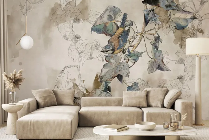 Fototapeta: Ptaki na gałęzi z liśćmi akwarelowy styl na beżowym tle