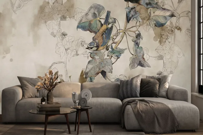 Fototapeta: Ptaki na gałęzi z liśćmi akwarelowy styl na beżowym tle