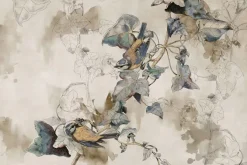 Fototapeta: Ptaki na gałęzi z liśćmi akwarelowy styl na beżowym tle