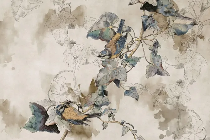 Fototapeta: Ptaki na gałęzi z liśćmi akwarelowy styl na beżowym tle