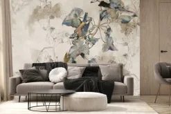 Fototapeta: Ptaki na gałęzi z liśćmi akwarelowy styl na beżowym tle