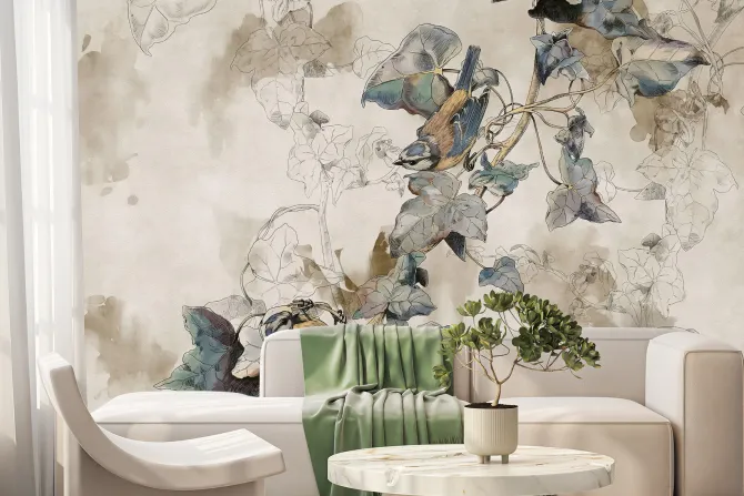 Fototapeta: Ptaki na gałęzi z liśćmi akwarelowy styl na beżowym tle