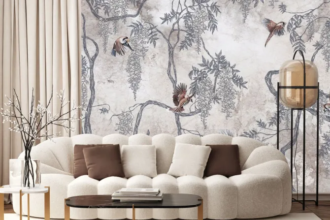 Fototapeta: Ptaki wśród kwiatów wisterii