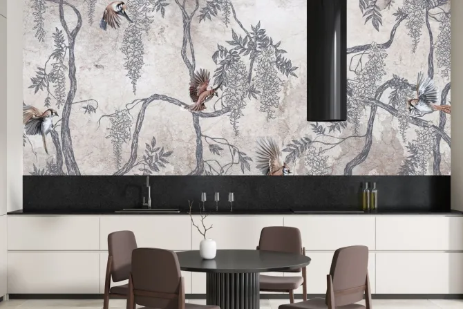 Fototapeta: Ptaki wśród kwiatów wisterii