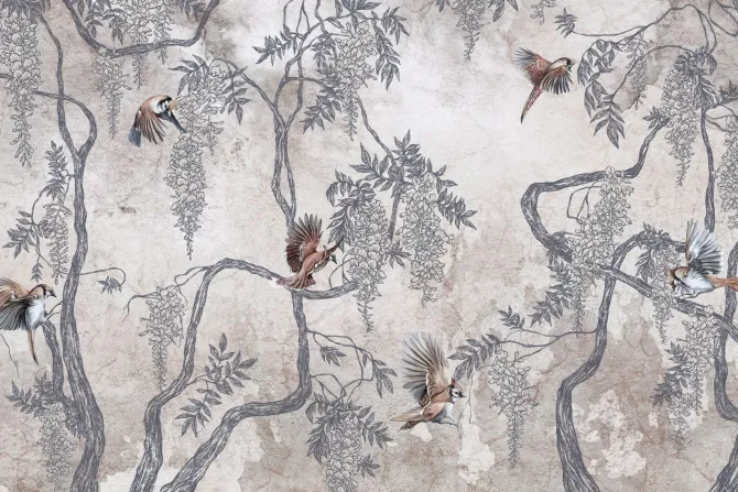 Fototapeta: Ptaki wśród kwiatów wisterii