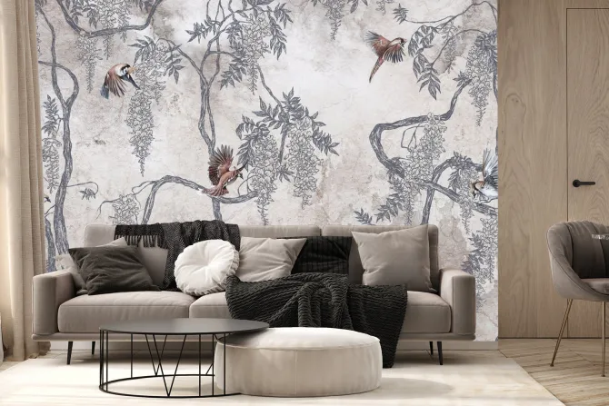 Fototapeta: Ptaki wśród kwiatów wisterii