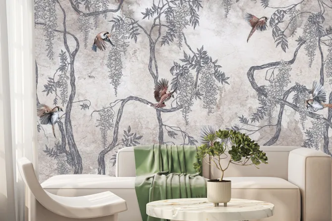 Fototapeta: Ptaki wśród kwiatów wisterii