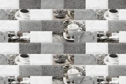 Fototapeta: Płytki kuchenne z filiżankami kawy i ziarnami