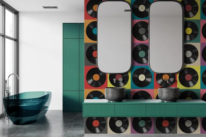 Fototapeta: Płyty winylowe na kolorowych kafelkach