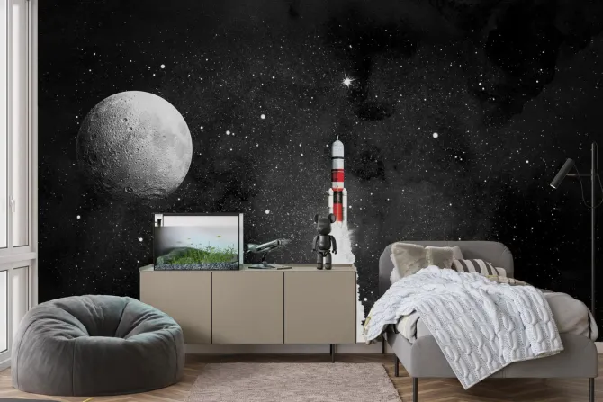 Fototapeta: Rakieta na tle gwiezdnego nieba i księżyc ilustracja