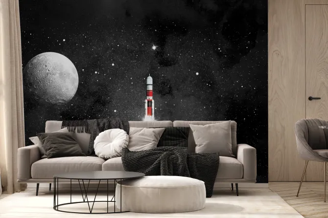 Fototapeta: Rakieta na tle gwiezdnego nieba i księżyc ilustracja