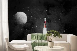 Fototapeta: Rakieta na tle gwiezdnego nieba i księżyc ilustracja