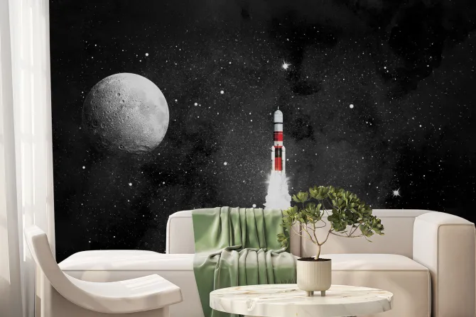 Fototapeta: Rakieta na tle gwiezdnego nieba i księżyc ilustracja
