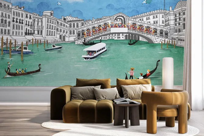 Fototapeta: Ręcznie rysowany most rialto z gondolami