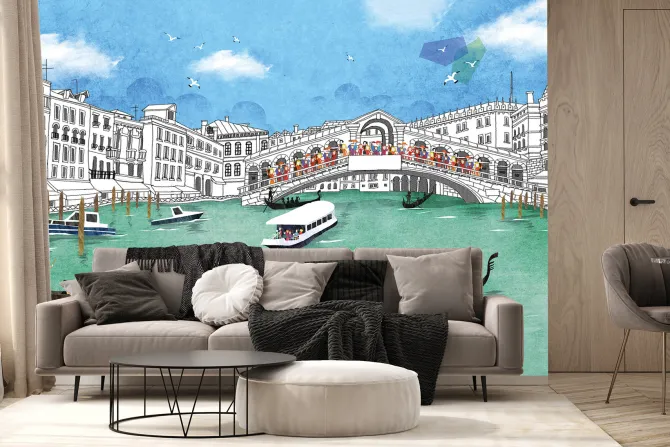 Fototapeta: Ręcznie rysowany most rialto z gondolami