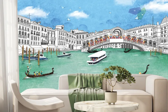 Fototapeta: Ręcznie rysowany most rialto z gondolami