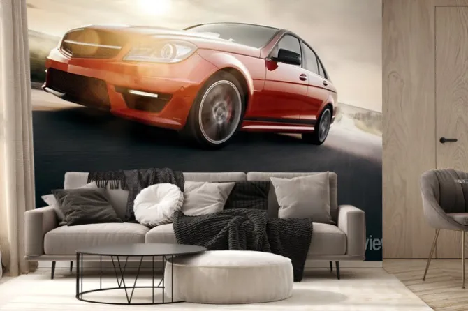 Fototapeta: Red sport car szybkie prędkości jazdy na drogach asfaltowych