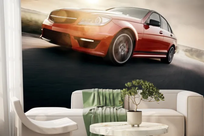 Fototapeta: Red sport car szybkie prędkości jazdy na drogach asfaltowych