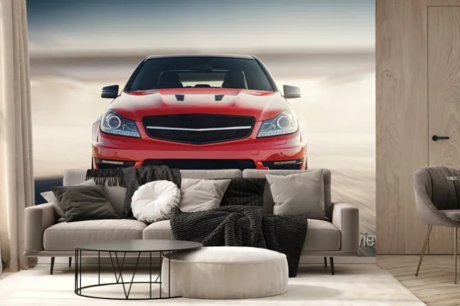 Fototapeta: Red sport car szybkie prędkości jazdy na drogach asfaltowych