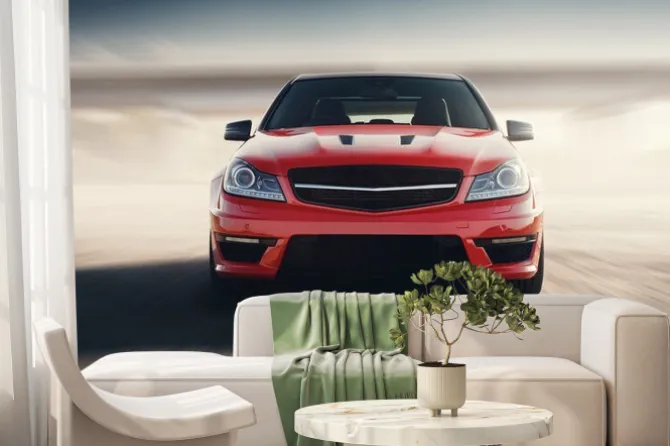 Fototapeta: Red sport car szybkie prędkości jazdy na drogach asfaltowych