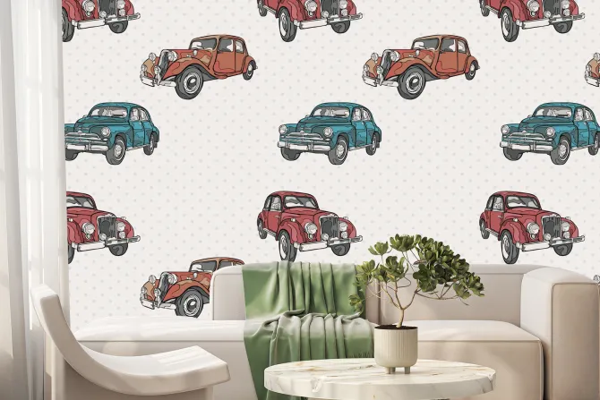 Fototapeta: Retro auta na tle w kropki