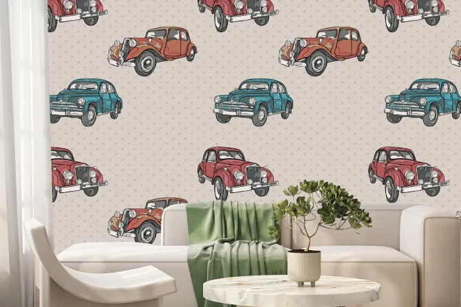 Fototapeta: Retro auta na tle w kropki