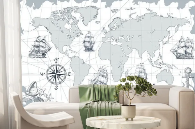 Fototapeta: Retro mapa ze statkami i kotwicą
