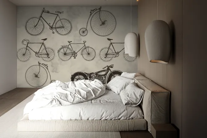 Fototapeta: Retro rowery i motocykl na szarym tle