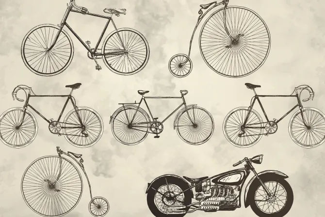 Fototapeta: Retro rowery i motocykl na szarym tle