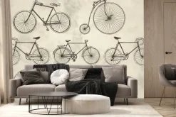 Fototapeta: Retro rowery i motocykl na szarym tle