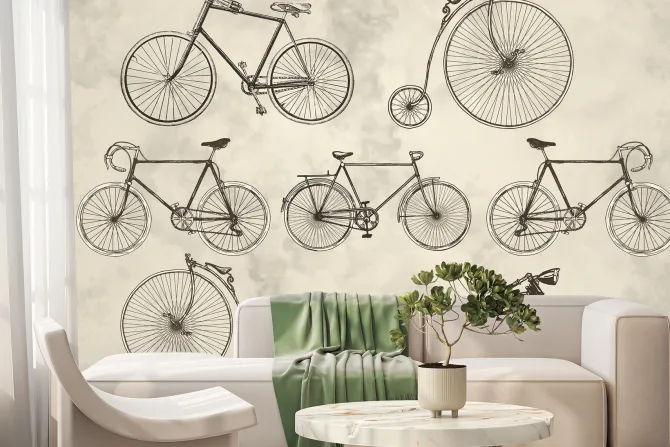 Fototapeta: Retro rowery i motocykl na szarym tle