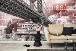 Fototapeta: Retro samochód na tle mostu brooklyn i route 66